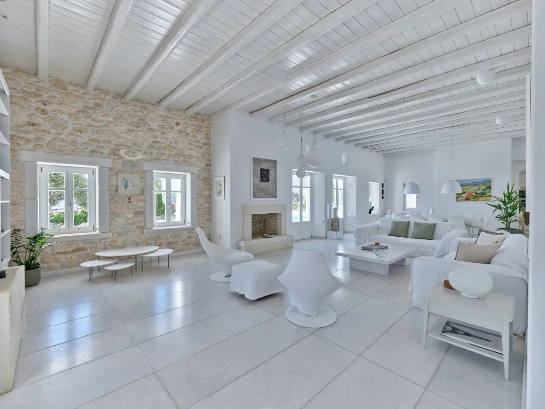 Spacious main living room at Padel Villa Paros