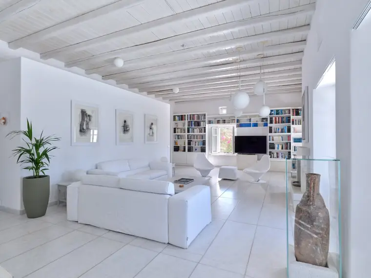 Library sitting room with white sofas and contemporary art